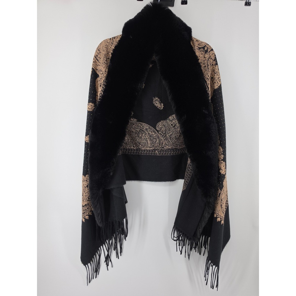 La Fiorentina Black Gold Paisley Faux Fur Collar Wrap Shawl Rhinestone Fringe